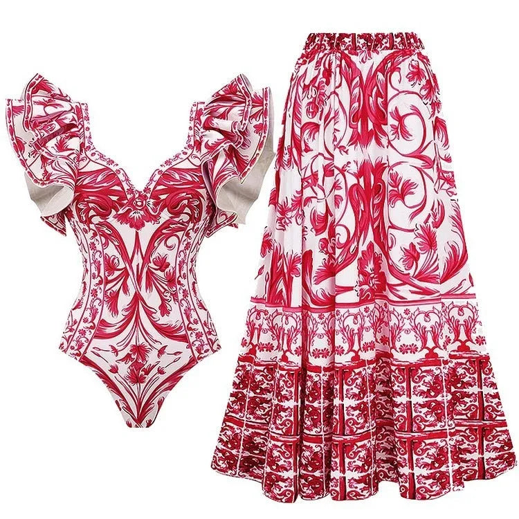 Women's floral printed one-piece polyester swimsuit on a hanger, showing skirted style.