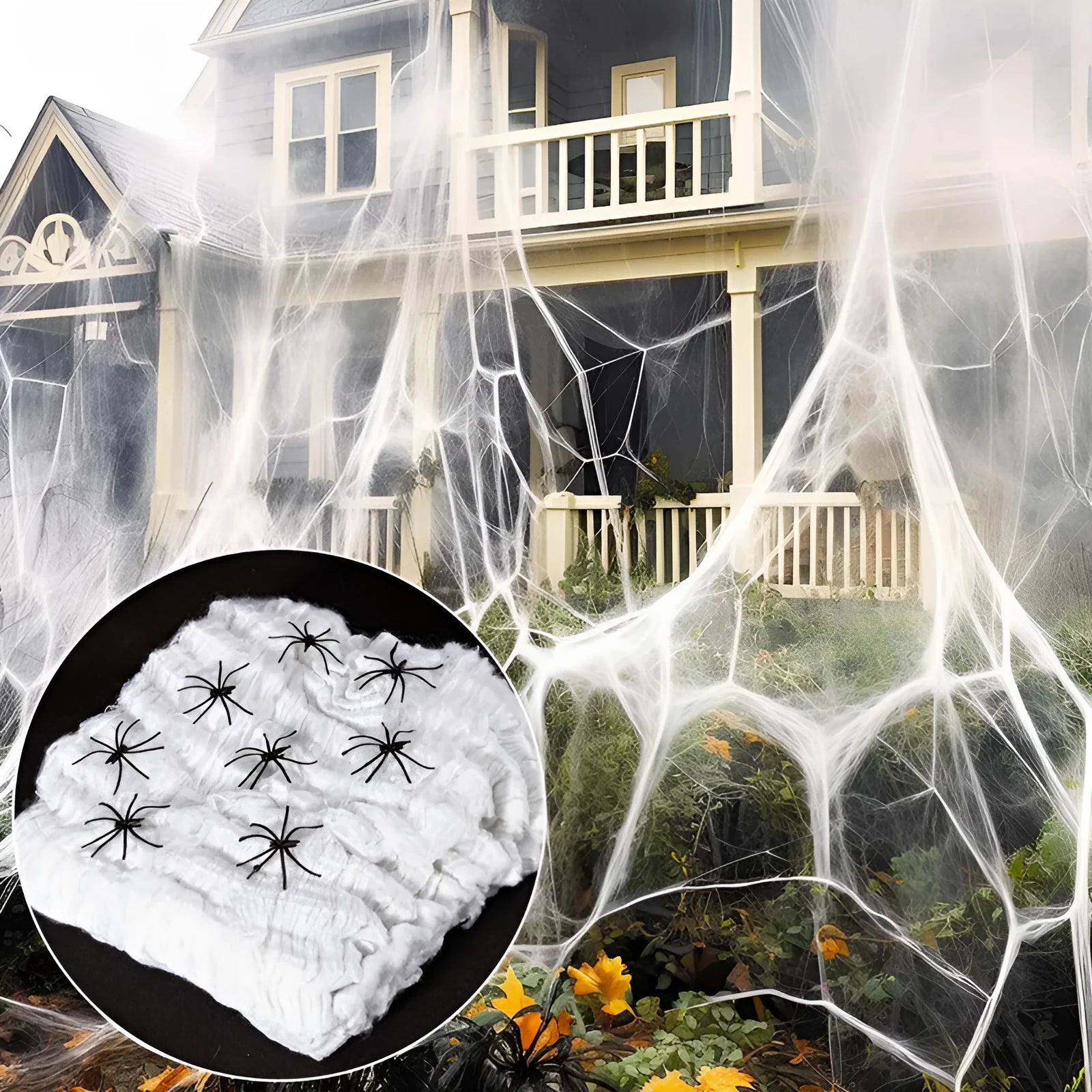 Halloween cotton spider web decoration pack with white plastic spiders draped over a branch