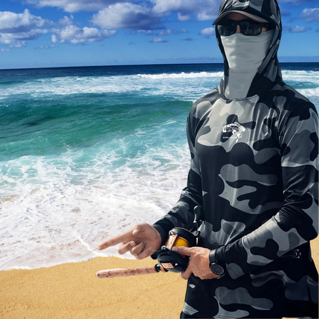 Men's grey long sleeve fishing hoodie with mesh side panels and a face mask, labelled with UPF 50 sun protection.