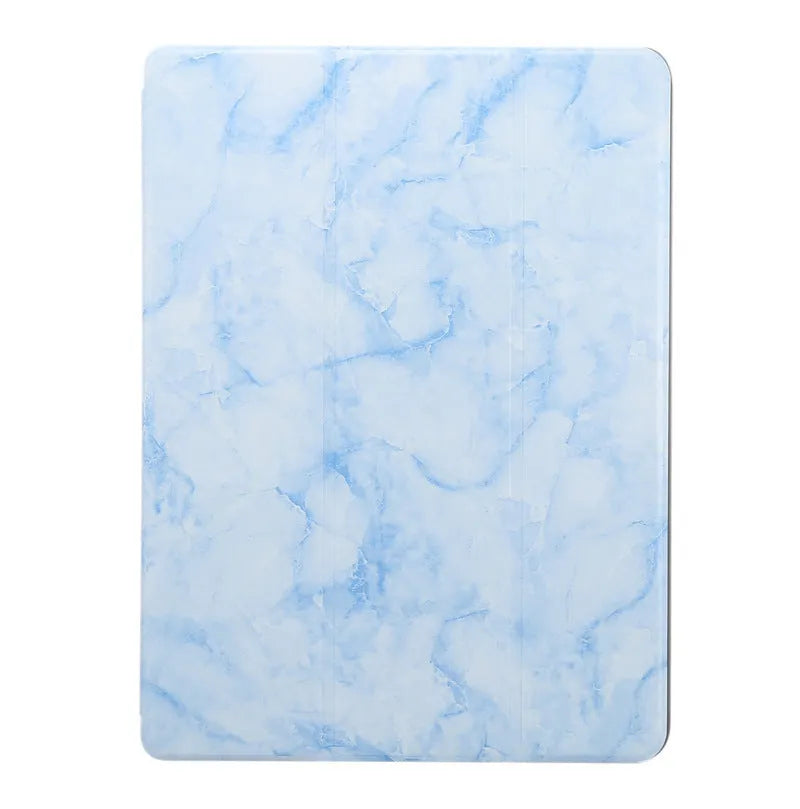 Tri-fold marbling design iPad case in dark grey with a visible pen slot on the side.