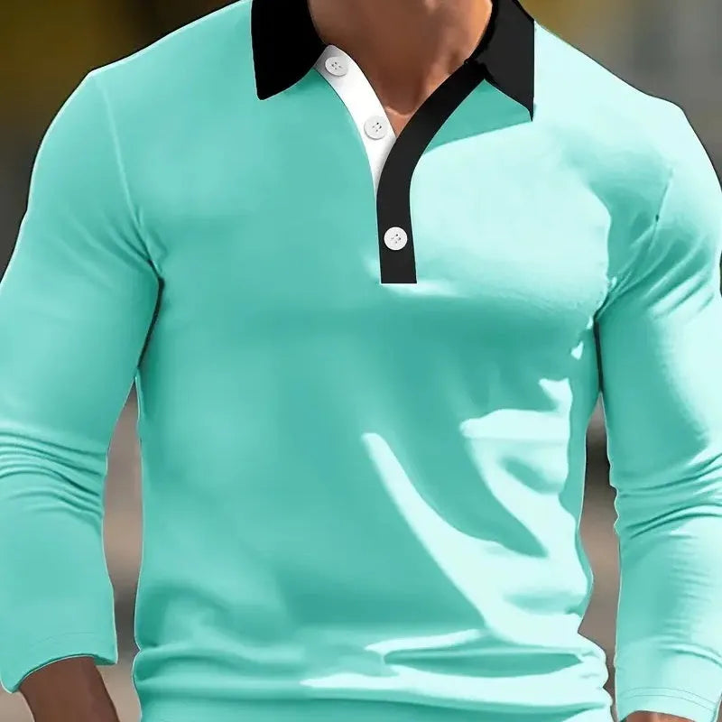 Men's loose fit long sleeve polo shirt with design buttons on placket