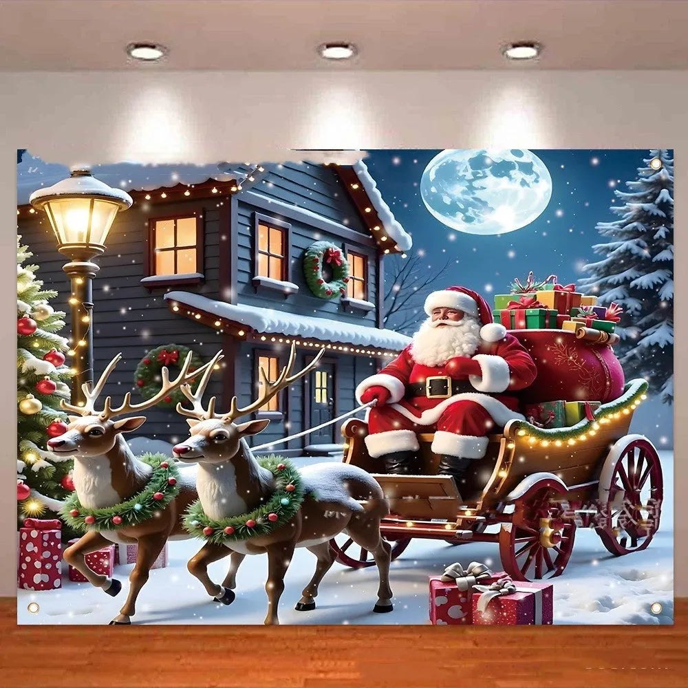 Red Christmas banner with Santa Claus and gift imagery measuring 210 cm wide by 150 cm high
