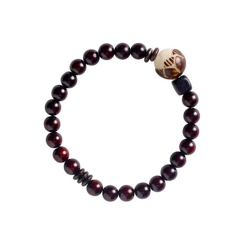 Natural rosewood bracelet with double rings and single circle design, 10mm floral carved bead