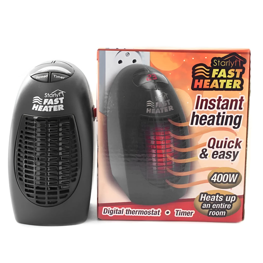 Black mini ceramic electric heater with digital display and a rotating three-prong plug.