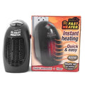 Black mini ceramic electric heater with digital display and a rotating three-prong plug.