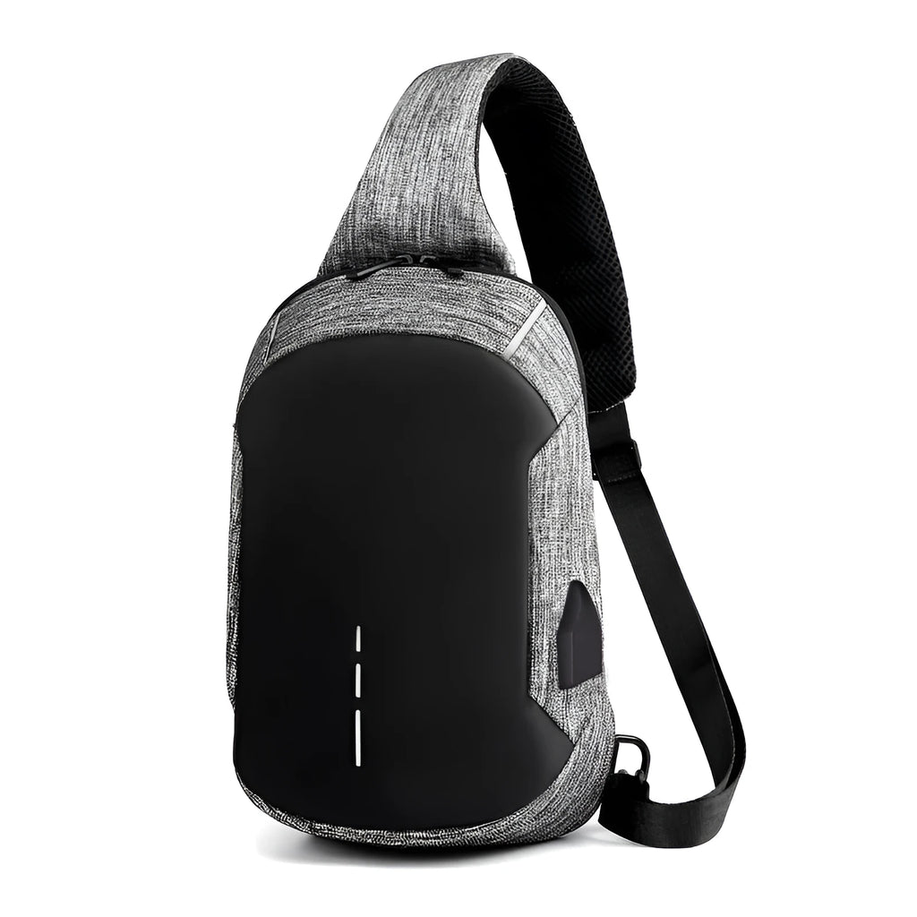 Dark blue Oxford cloth chest bag with zipper and adjustable strap, shown front-on.