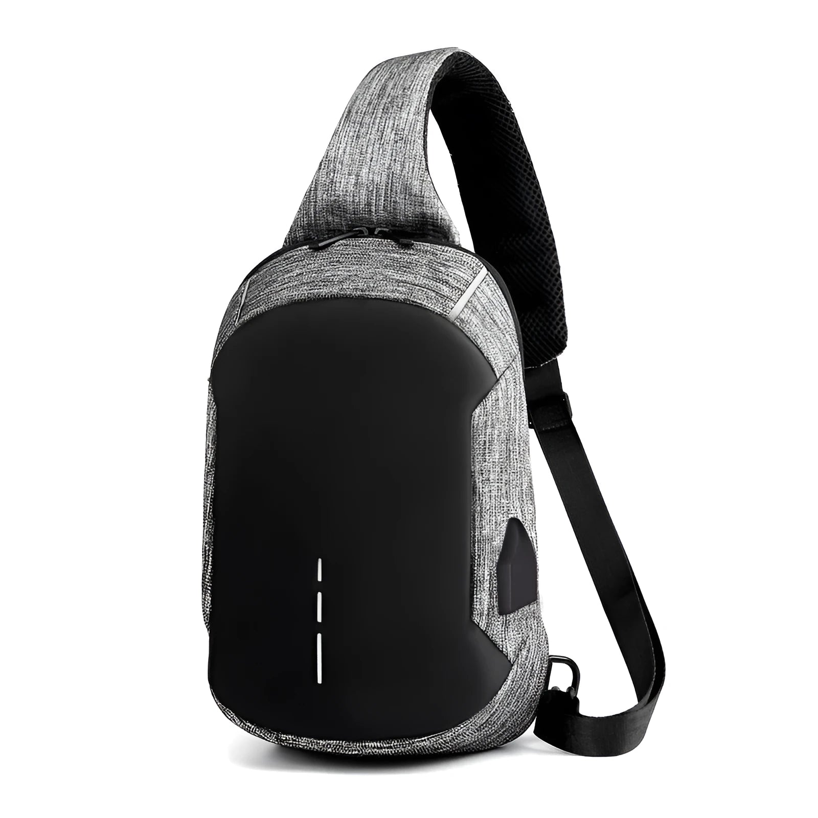 Dark blue Oxford cloth chest bag with zipper and adjustable strap, shown front-on.
