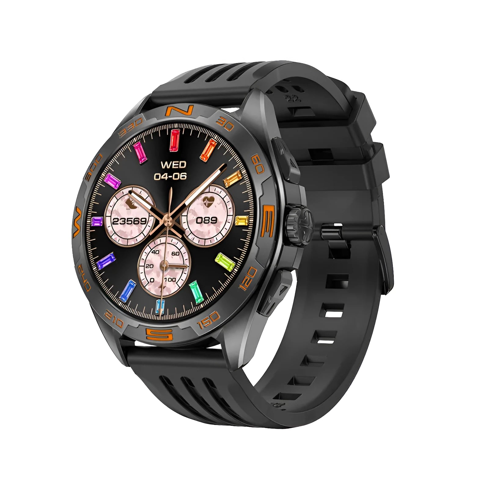 Black smartwatch with digital display showing heart rate and WhatsApp notification on a wrist.