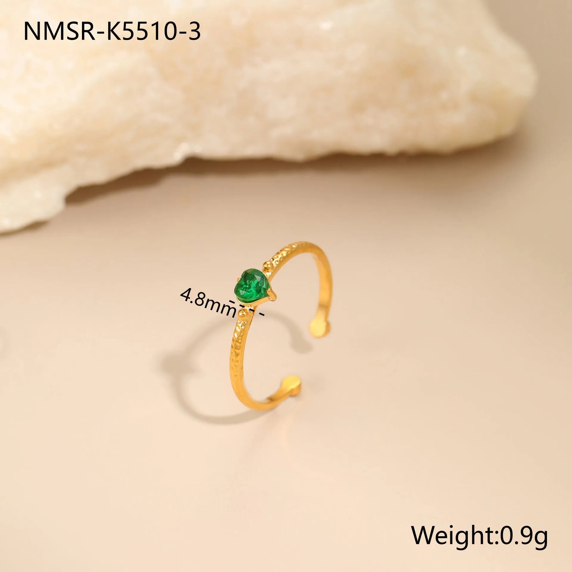 Geometric open-ended heart-shaped stainless steel ring with inlaid zircon detail in white, pink, or green.