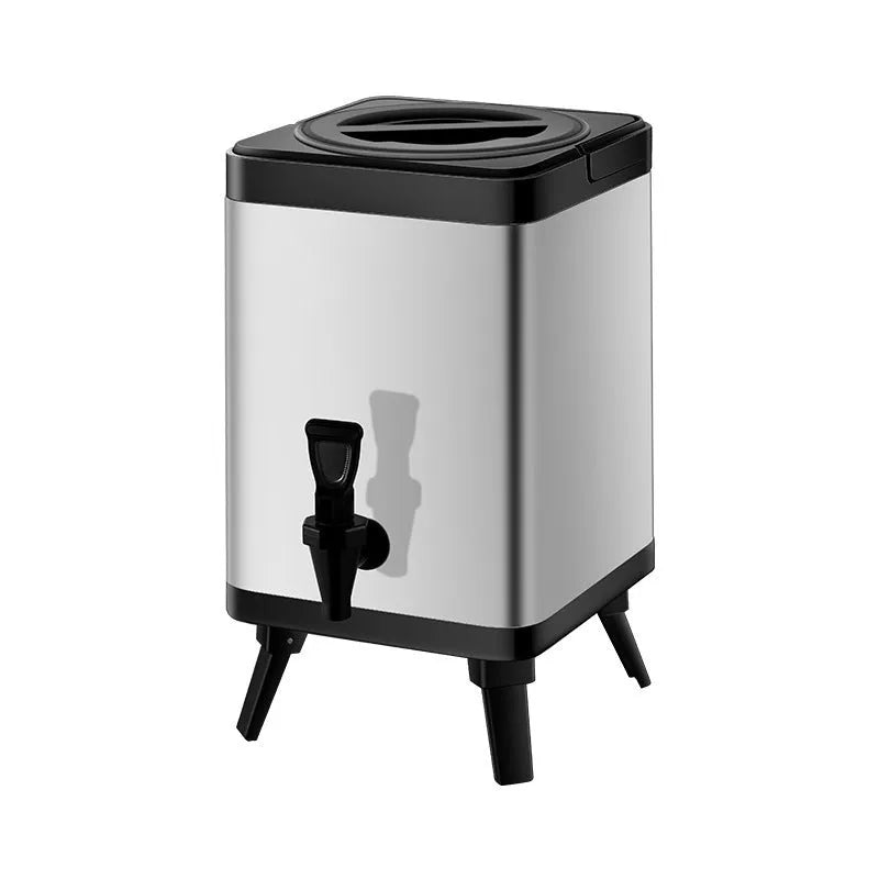 Silver stainless steel milk tea bucket with square-lock lid, 8-litre capacity.