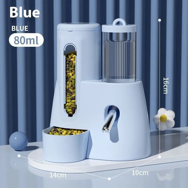 Blue automatic drinking water feeder and food basin for small hamsters on a white background.