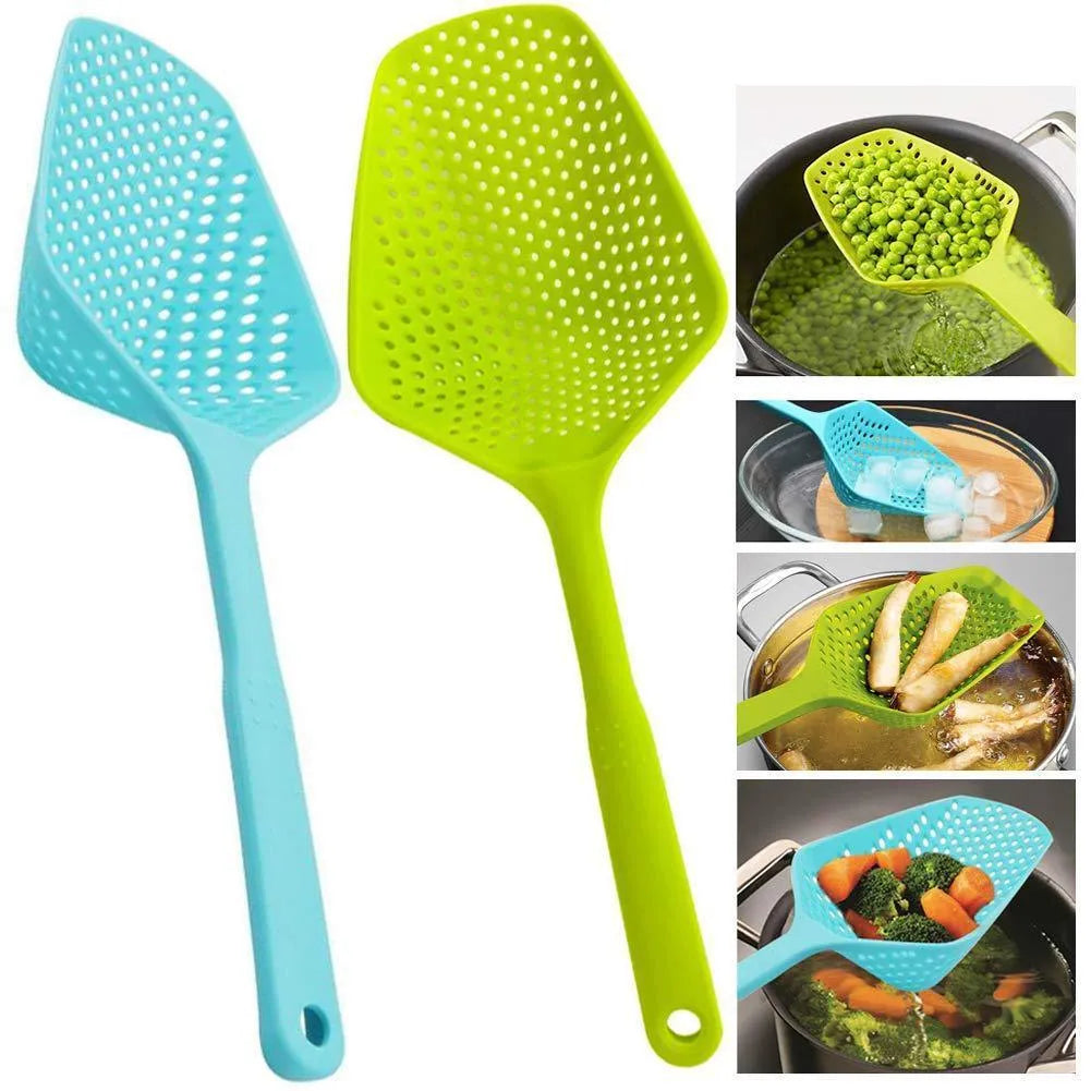 Nylon large scoop strainer colander in black for draining fried food from a pan
