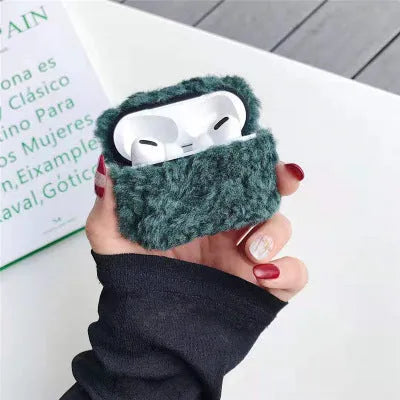 Plush and plastic fall-proof AirPods case cover in khaki green, compatible with AirPods 1 2 3 and Pro 3