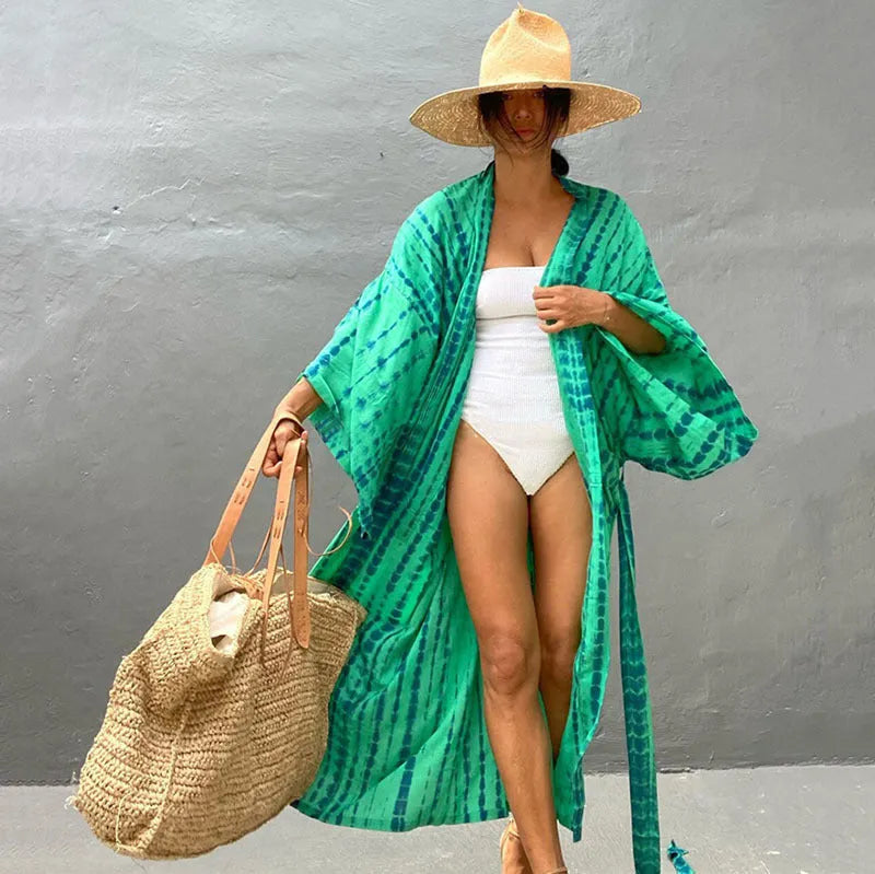 Printed loose-fit cotton beach cover-up shirt for sun protection over swimwear