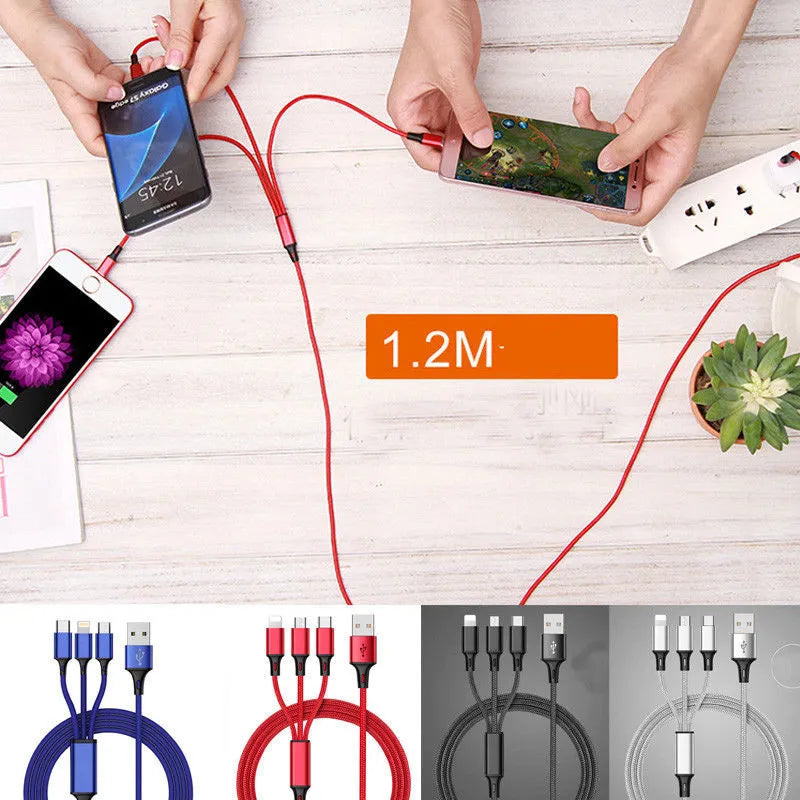 Braided 3-in-1 universal charging cable with aluminium alloy connectors in six colour options