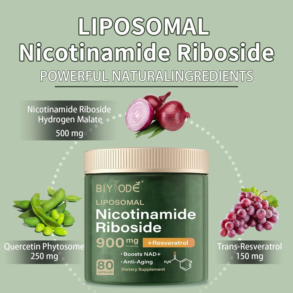 Bottle of 80 nicotinamide riboside NAD supplement capsules for adult immunity and anti-aging support