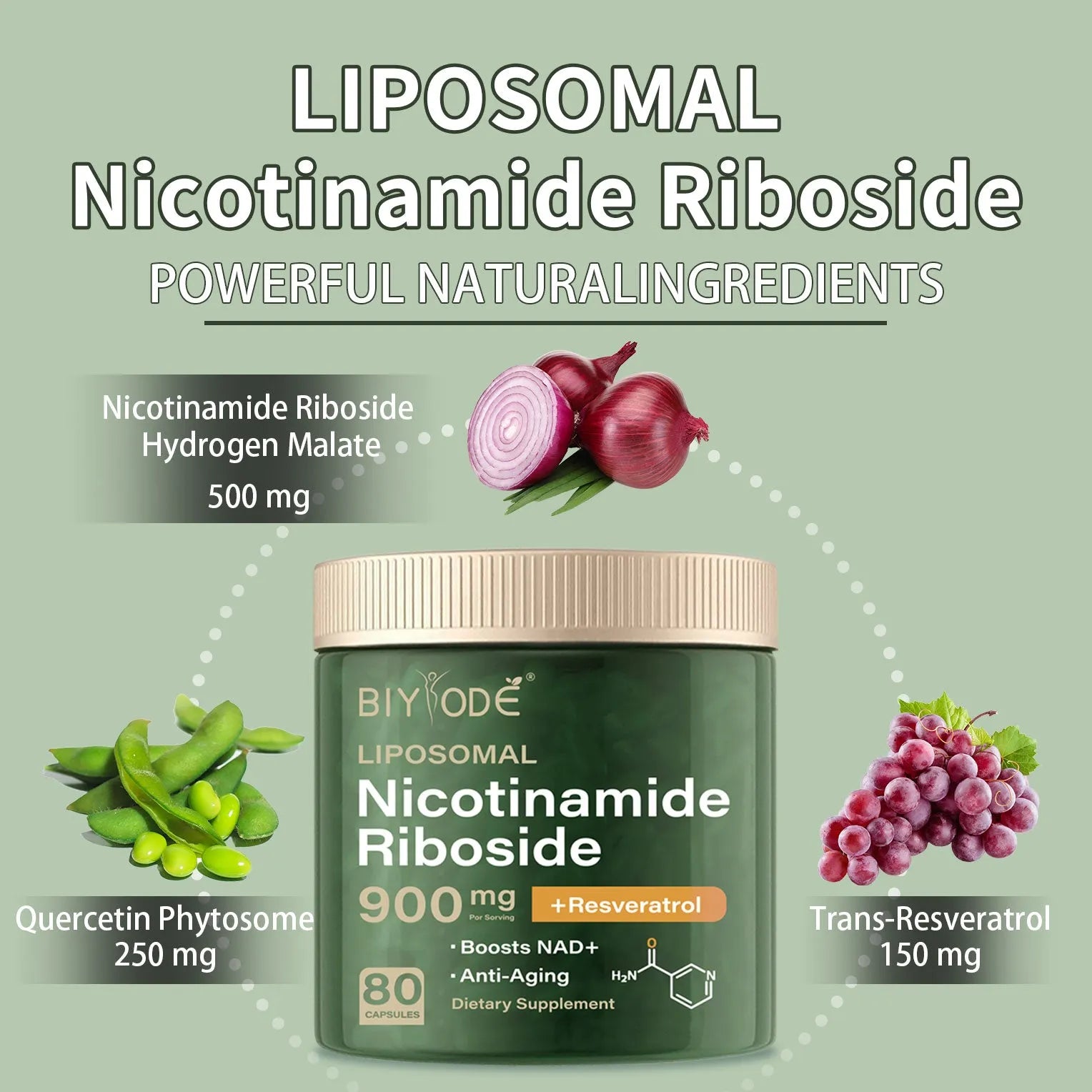 Bottle of 80 nicotinamide riboside NAD supplement capsules for adult immunity and anti-aging support