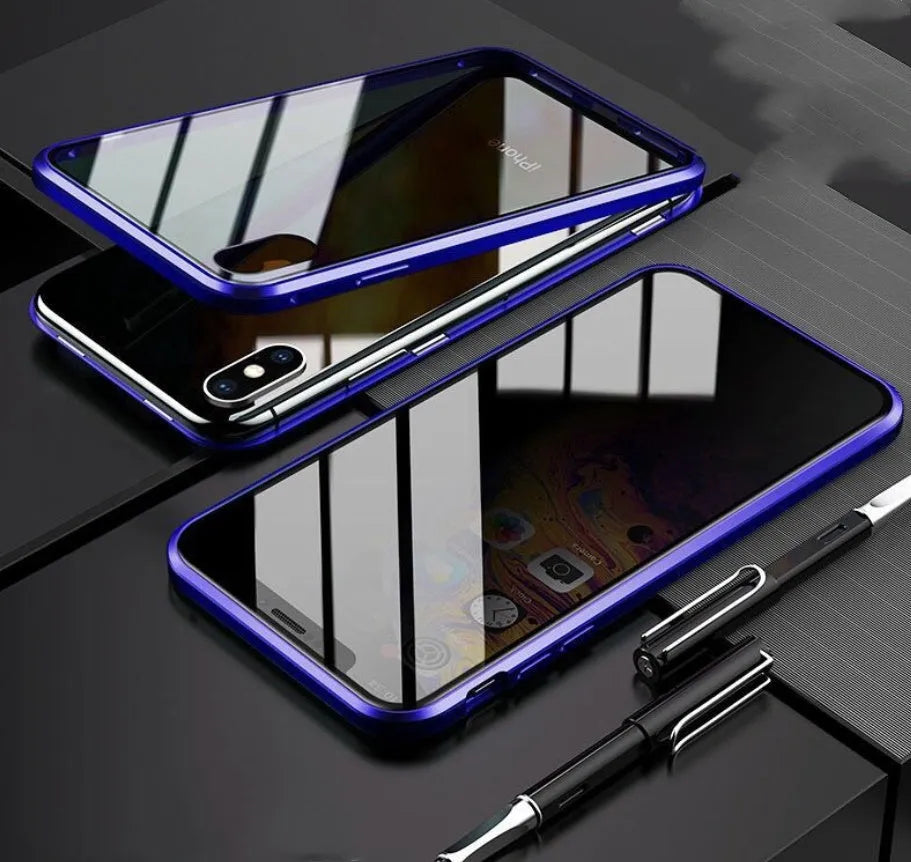 Solid colour glass anti-spy clamshell phone case for iPhone, shown in geometric design.