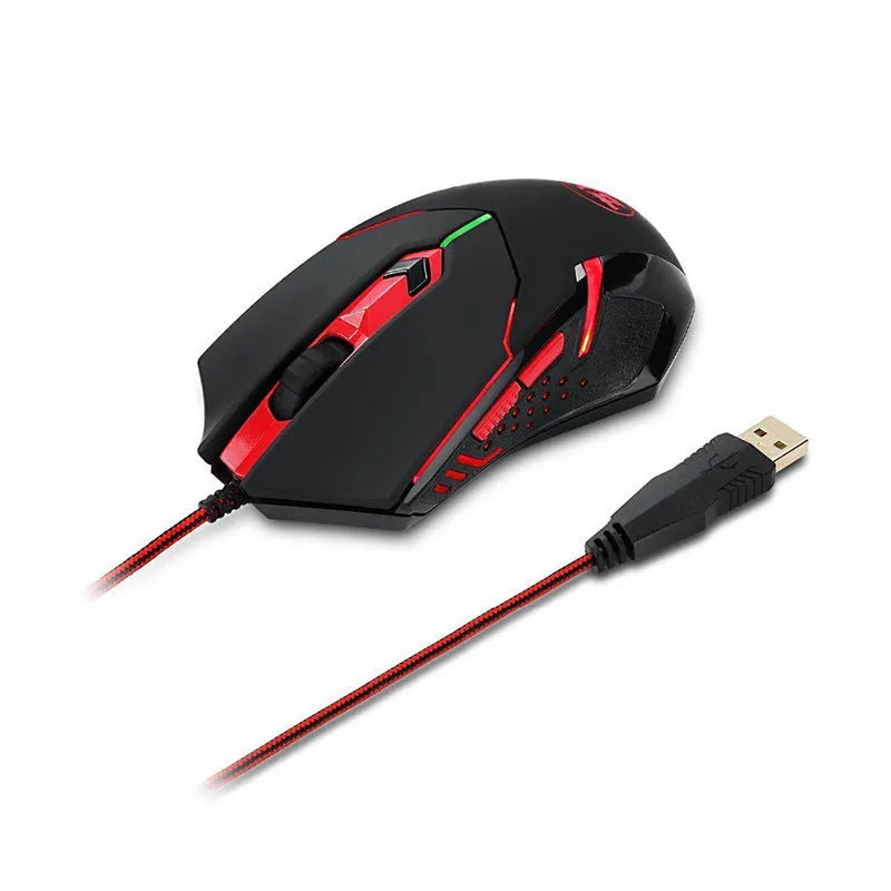 Black and red USB wired optical gaming mouse with six buttons on a desktop mat.