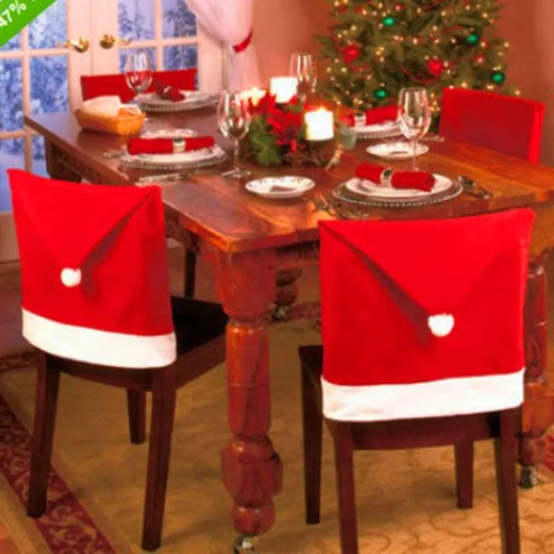 Set of Christmas chair covers featuring Santa Claus, Snowman and Santa hat designs on dining chairs