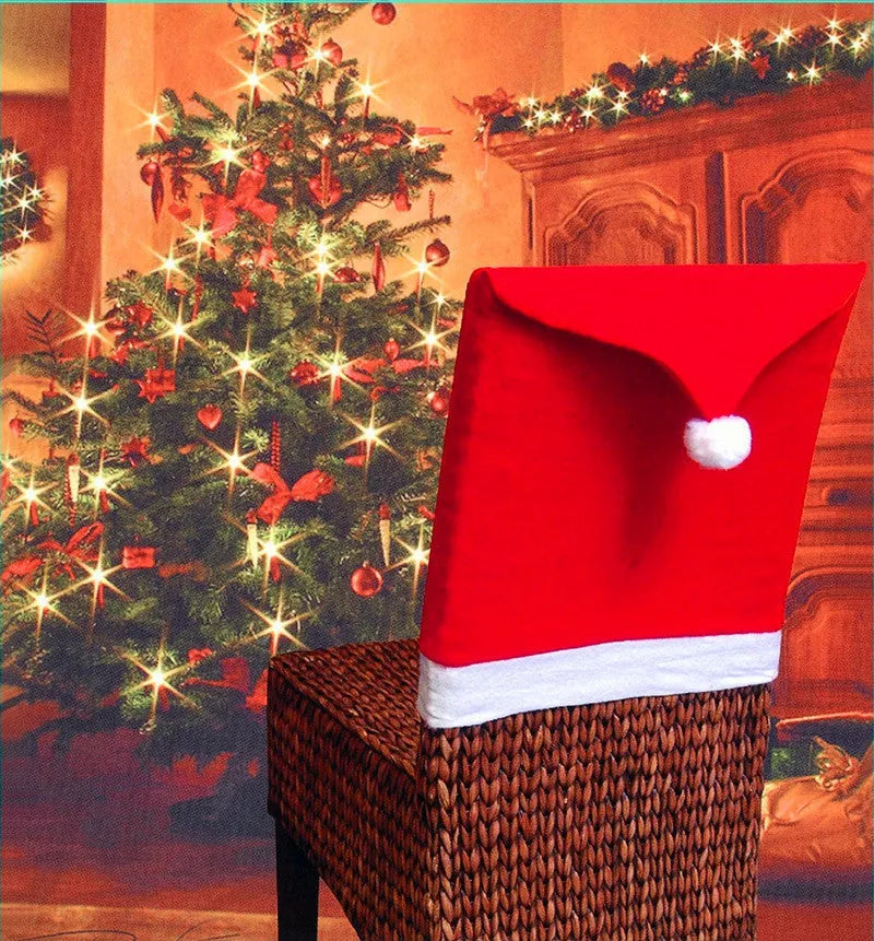 Set of Christmas chair covers featuring Santa Claus, Snowman and Santa hat designs on dining chairs