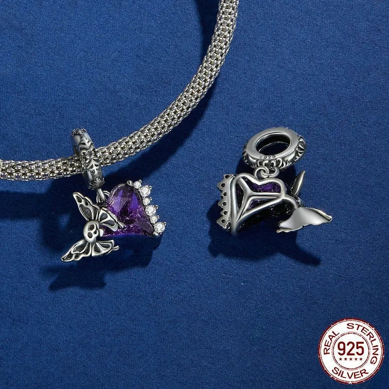 S925 silver skull butterfly pendant bead with inlay detail, 23x14mm, 4.5mm aperture