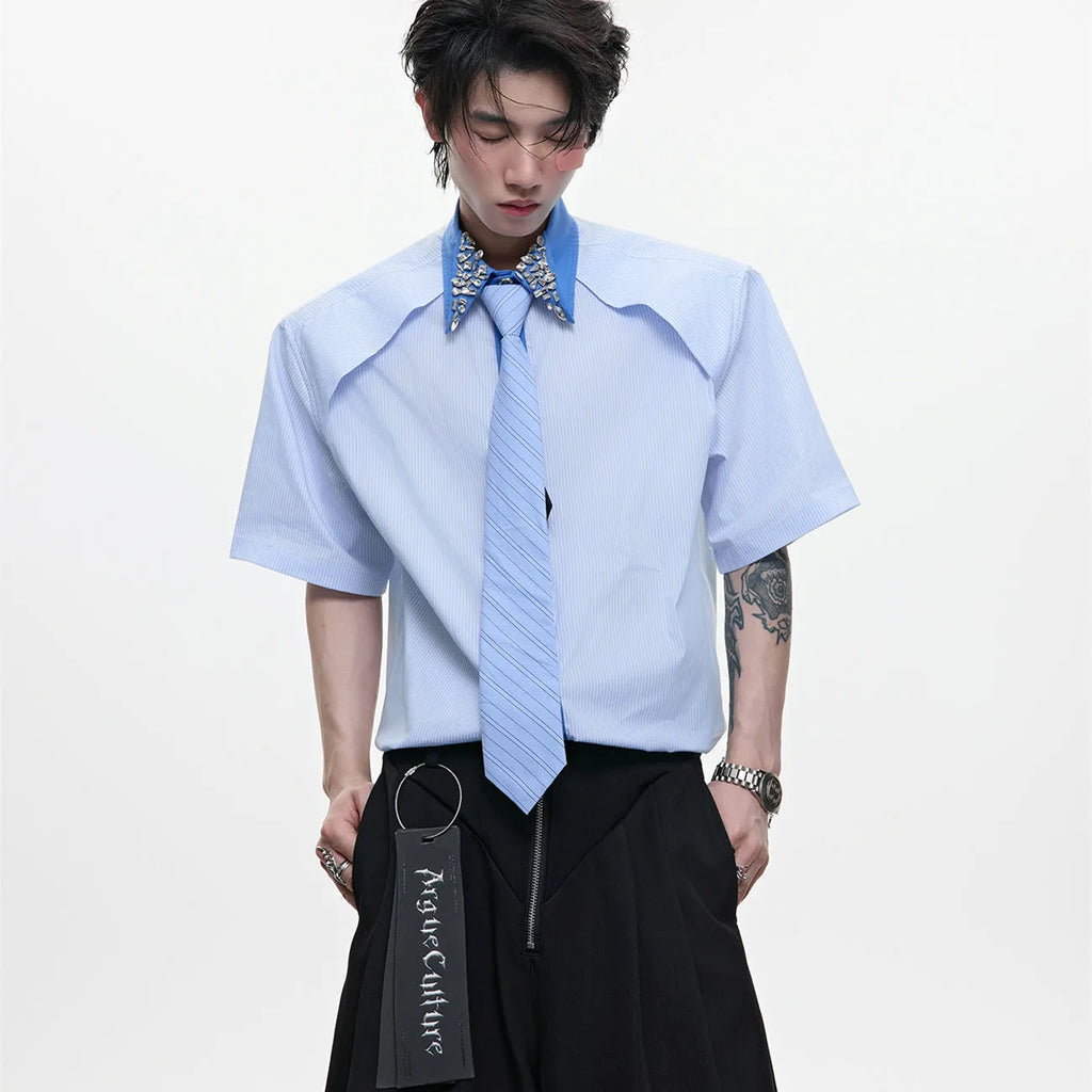 Men's blue and white patchwork striped shirt with diamond tie detail and quilted construction