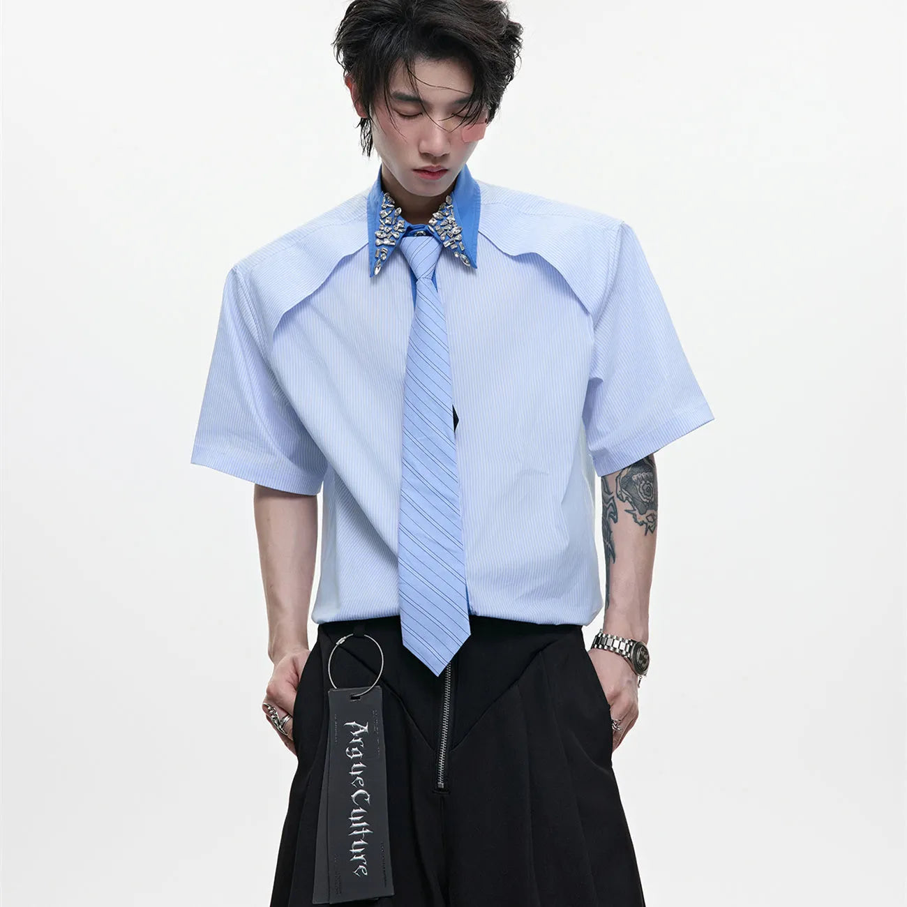 Men's blue and white patchwork striped shirt with diamond tie detail and quilted construction