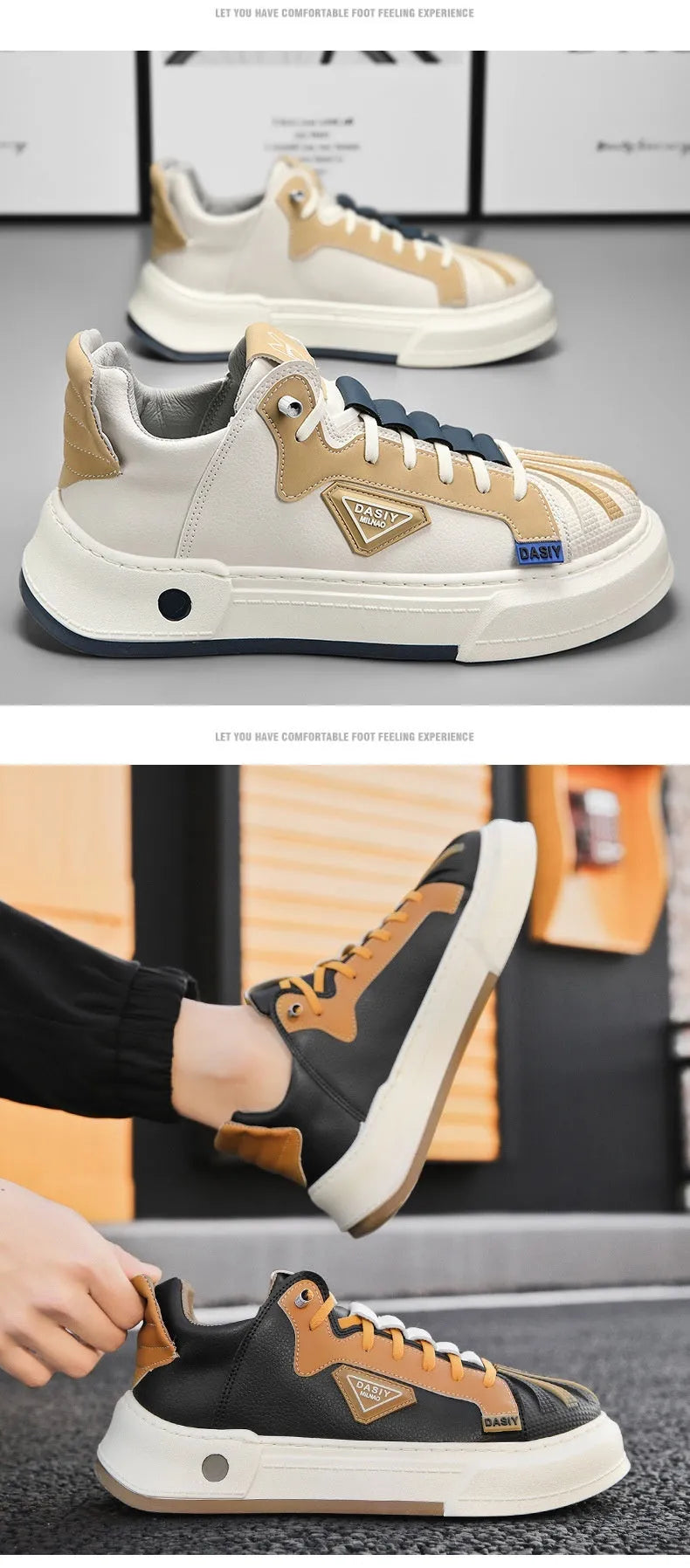 Men's beige low-top casual sneakers with elastic band and round toe