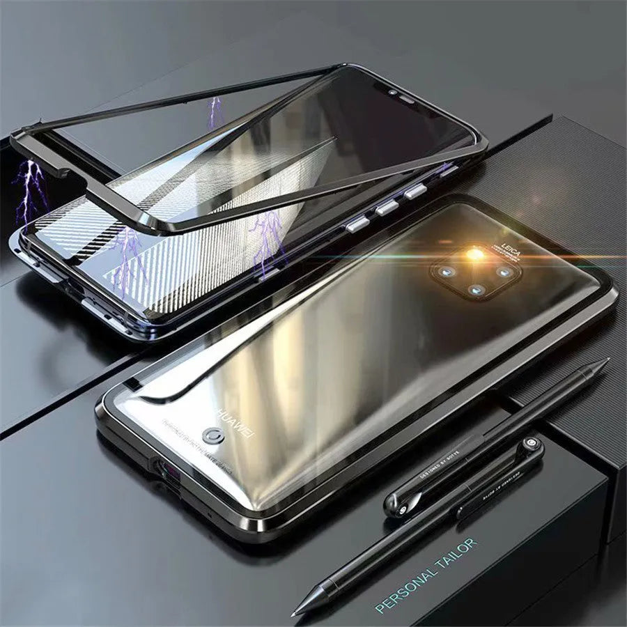 Black magnetic phone case with metal frame and glass back for Huawei smartphones.