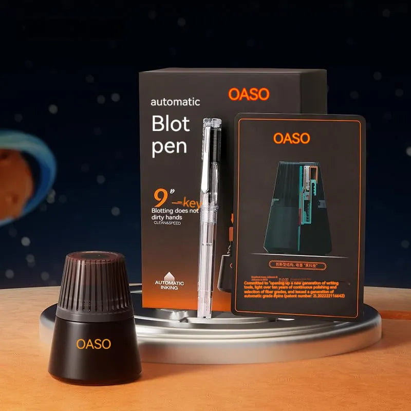 Automatic suction pen set with plastic shell, ink feeder and choice of pen head sizes