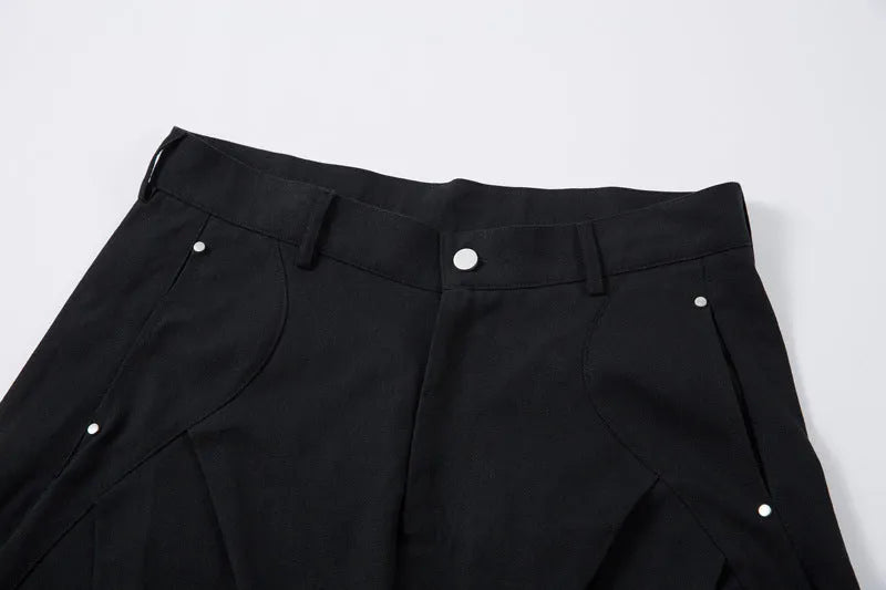 Men's black pleated casual trousers with wide-leg loose fit and mid waist design