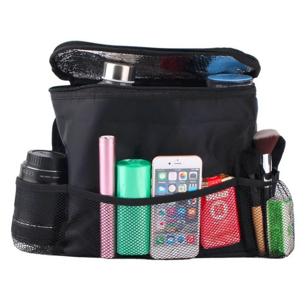 Black nylon multi-pocket car seat back organiser with adjustable straps measuring 28cm x 10cm x 22cm