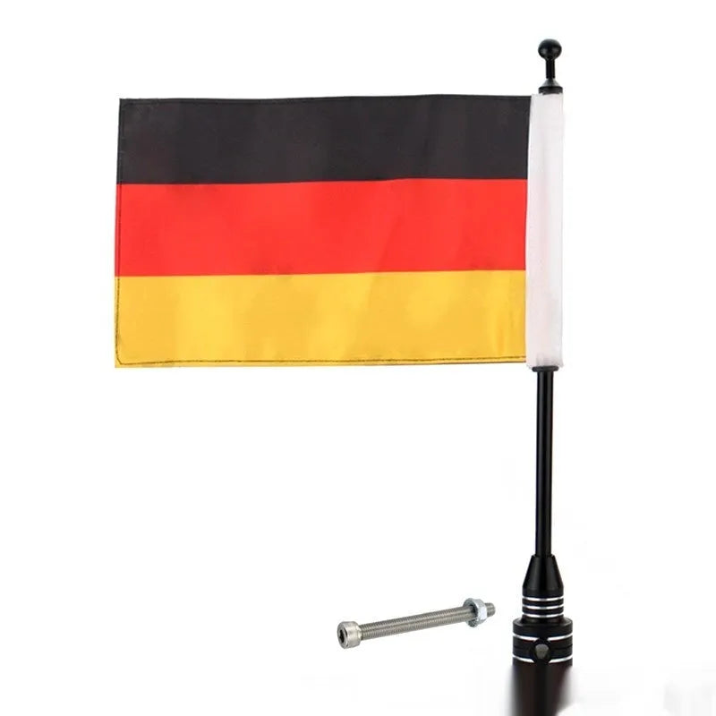 Side box bumper flagpole for motorbike luggage racks in black aluminium and silver steel options