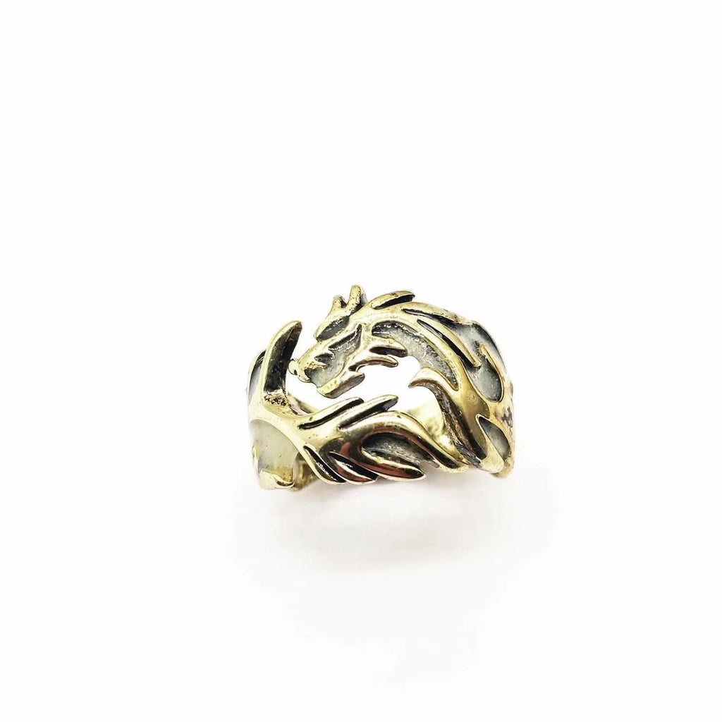 Adjustable Chinese dragon ring with luminous pattern in antique silver blue and green
