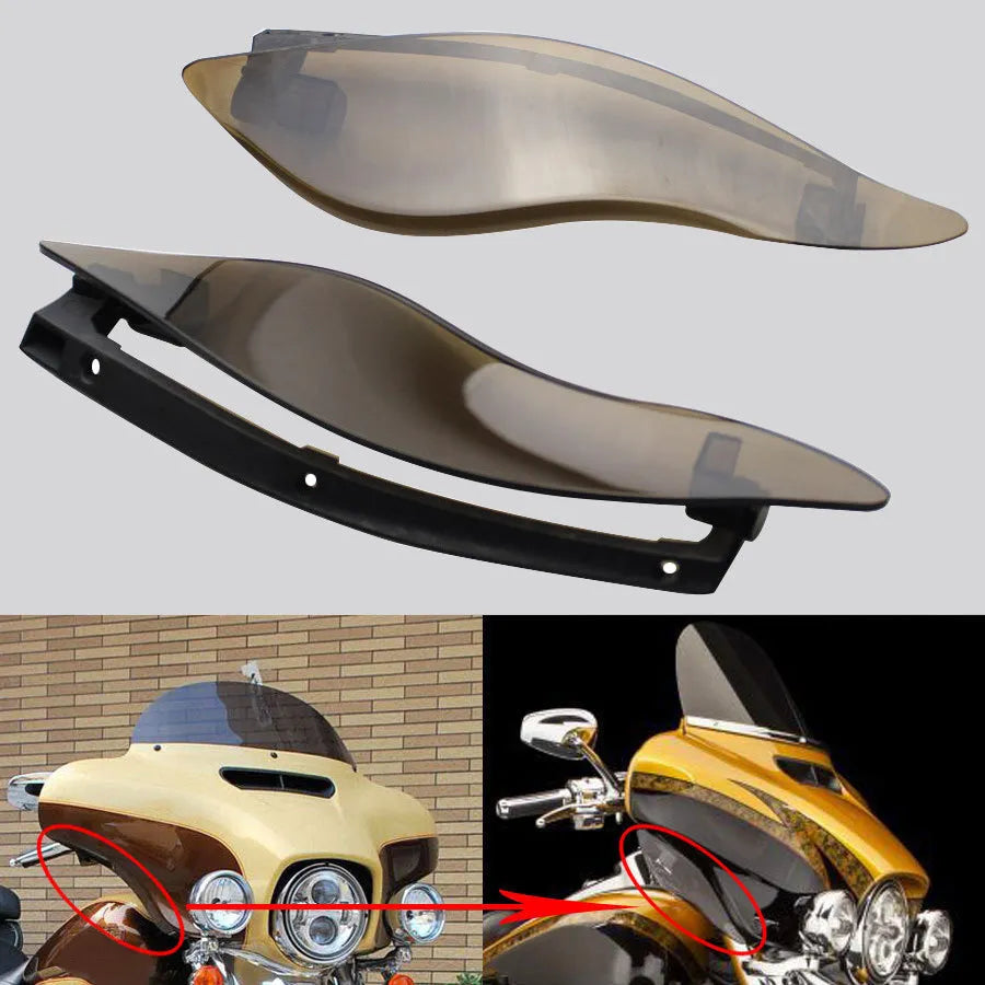 Pair of black ABS plastic windshield side wings for a Harley Davidson Glide motorcycle.