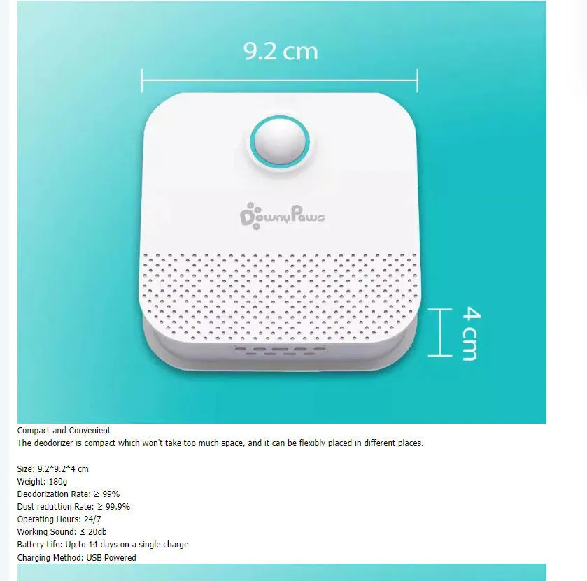 White DownyPaws smart cat litter deodoriser unit measuring 9.2cm with USB charging port