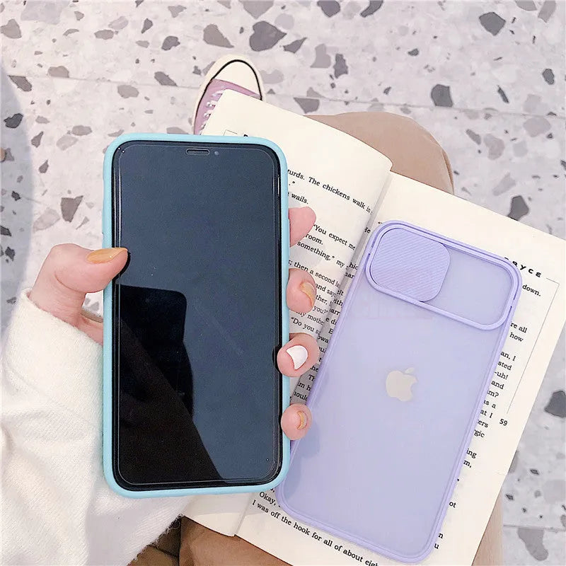 Silicone iPhone case with frosted texture around camera lens in solid colour