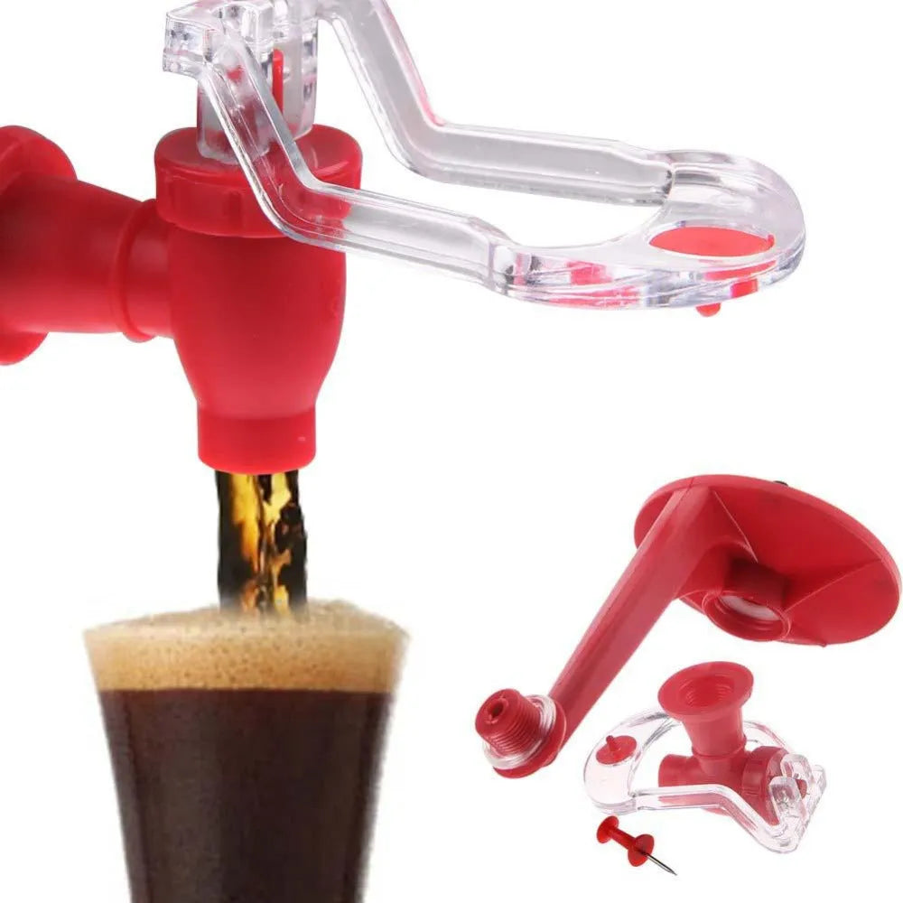 Red plastic Magic Tap soda dispenser attached to an inverted 2-litre bottle