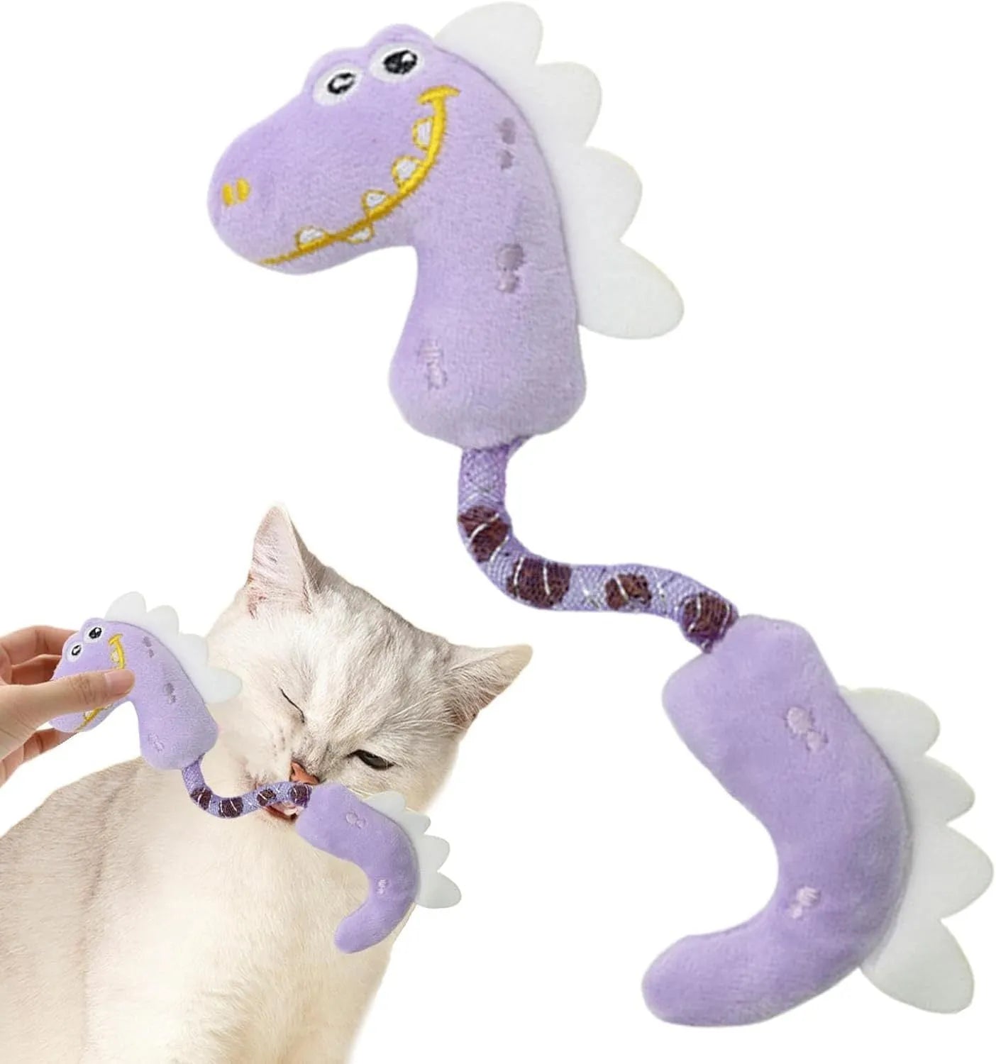 Set of four cat toys: plush chew toy, catnip rope, spring, and kicker toy on a pink background.