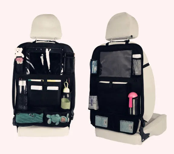 Two-pack car seat back hanging storage bags made from 600D Oxford cloth and mesh, 65 by 45 centimetres, with adjustable buckle fixing and matte leather zipper bags.