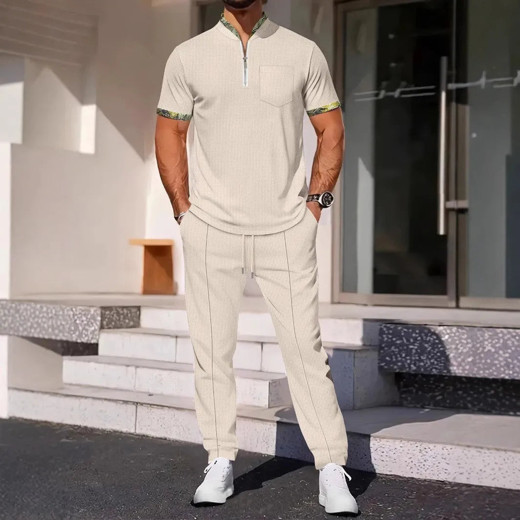 Men's colour matching casual sports suit in polyester fibre, short sleeve top and trousers, available in six colours