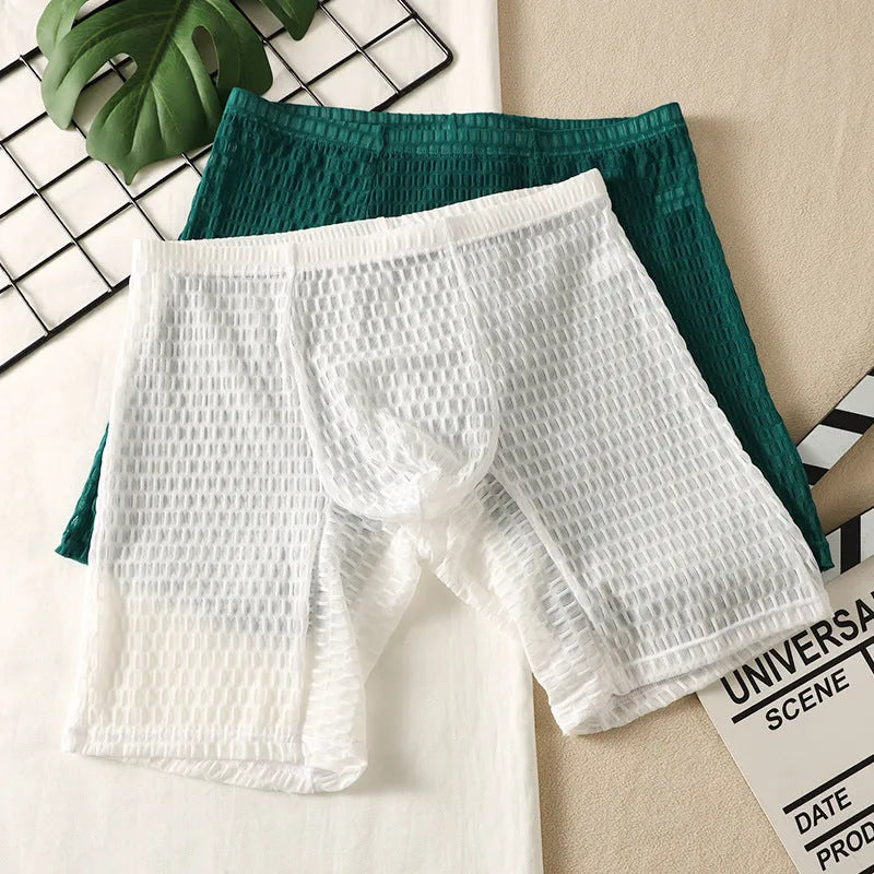 Men's solid colour lace boxer shorts with a hip lifting shaping design