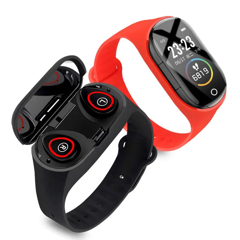 Smart bracelet earphone combo with 1-inch screen on silicone wristband in black, blue, and red colours