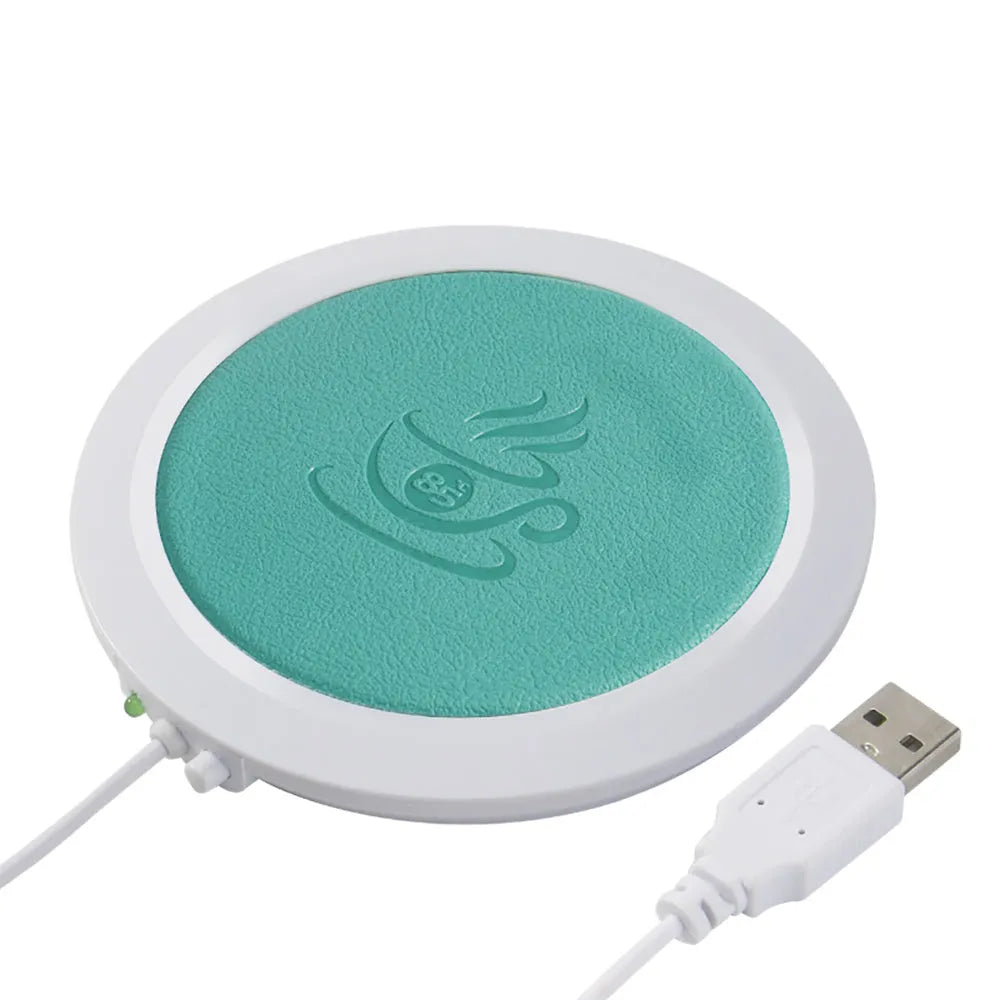 USB-powered insulated heating coaster in black, blue, and orange colours on a desk.