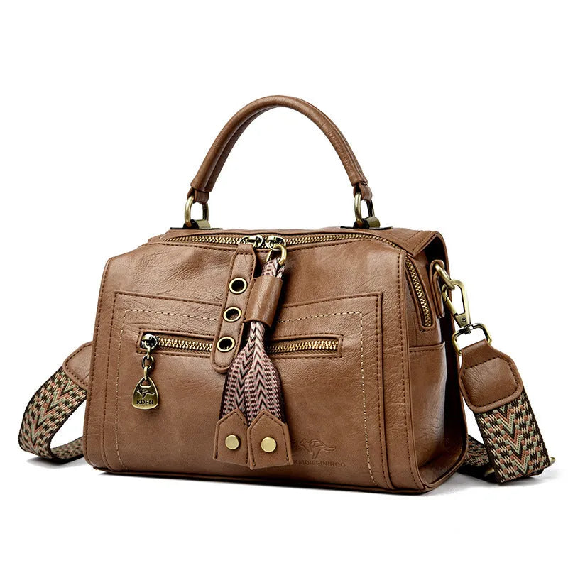Women's retro style crossbody bag in soft PU leather with sandwich pocket, shown in six colour options
