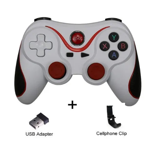 Upgraded X3 Bluetooth wireless game controller for Android phones in black or white, shown with a mobile phone clip accessory.
