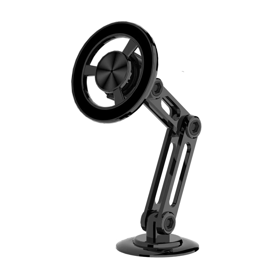 All-metal magnetic car phone holder in black, silver, gold, or rose gold with magnetic rings and adhesive pads.