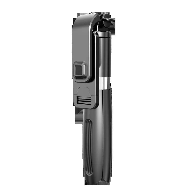 Black and white Bluetooth selfie stick with wireless remote, shown extended and with tripod base.
