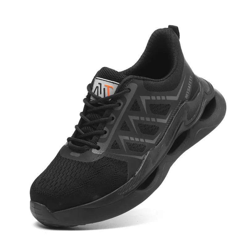 Men's black lace-up steel toe safety shoes with a breathable flat knitted upper and rubber sole.